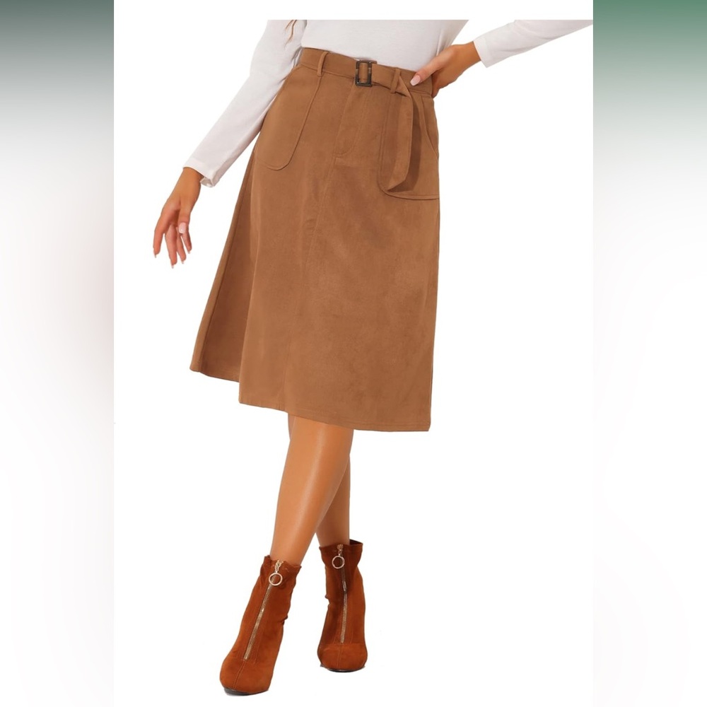 EUC Allegra K faux suede knee length skirt with belt & pockets!